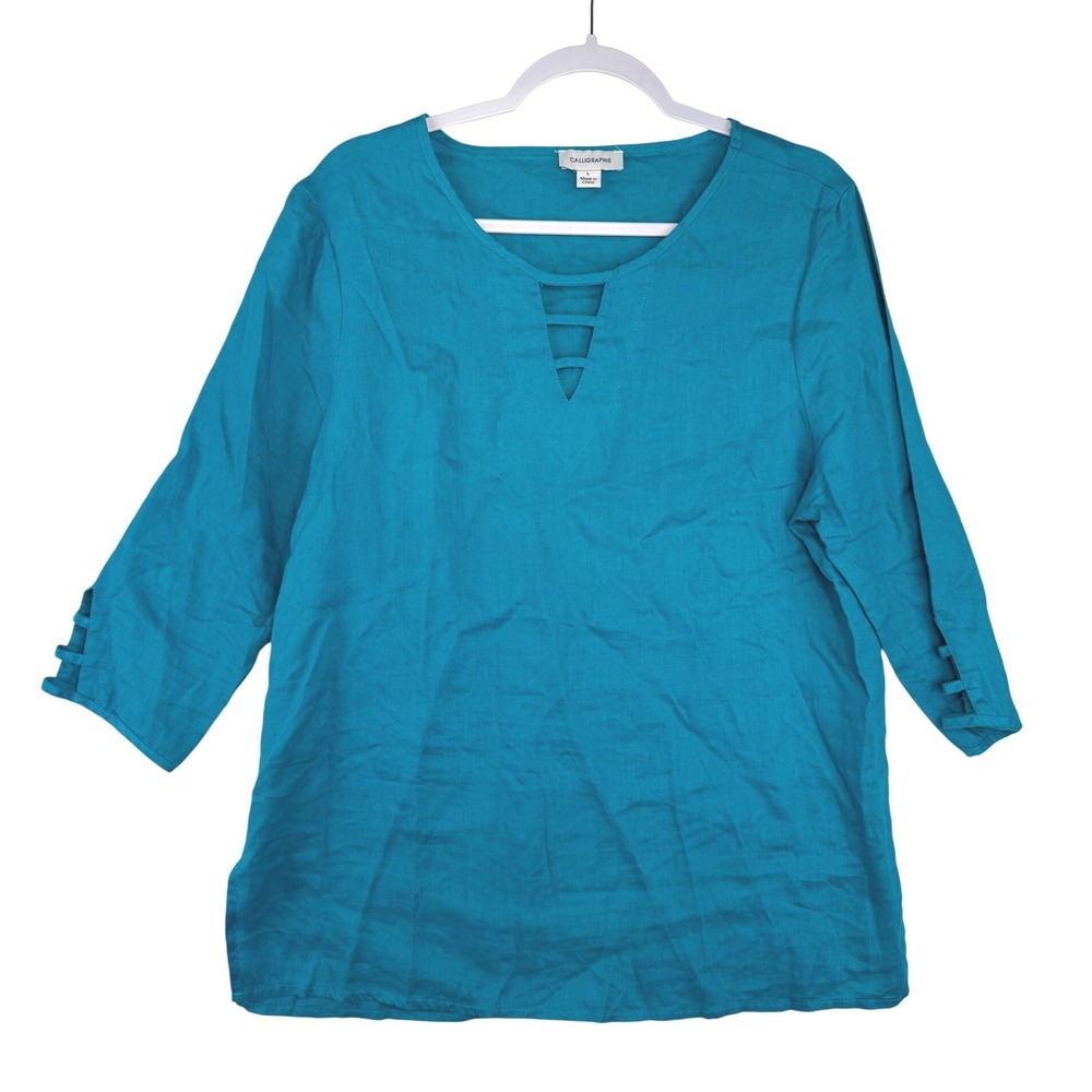 Calligraphie Womens Large‎ Teal Linen Blend Lattice V-Neck 3/4 Sleeve Blouse